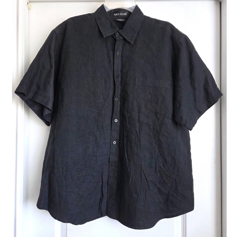 VTG Silk Club Black 100% Washable Linen Short Sleeve Button Shirt Pocket Sz 1X